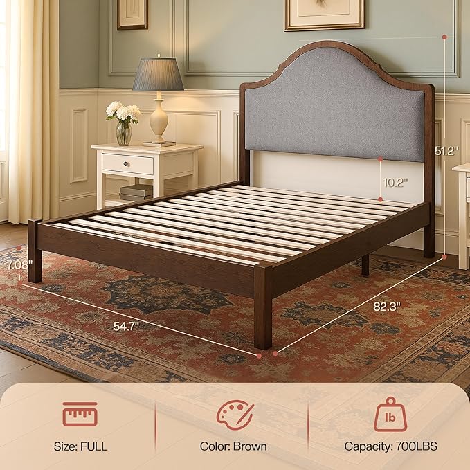Jocisland Wood Full Size Bed Frame with Tall Upholstered Curved Headboard, Solid Wood Platform, No Box Spring Needed, Wood Slat Support, Brown