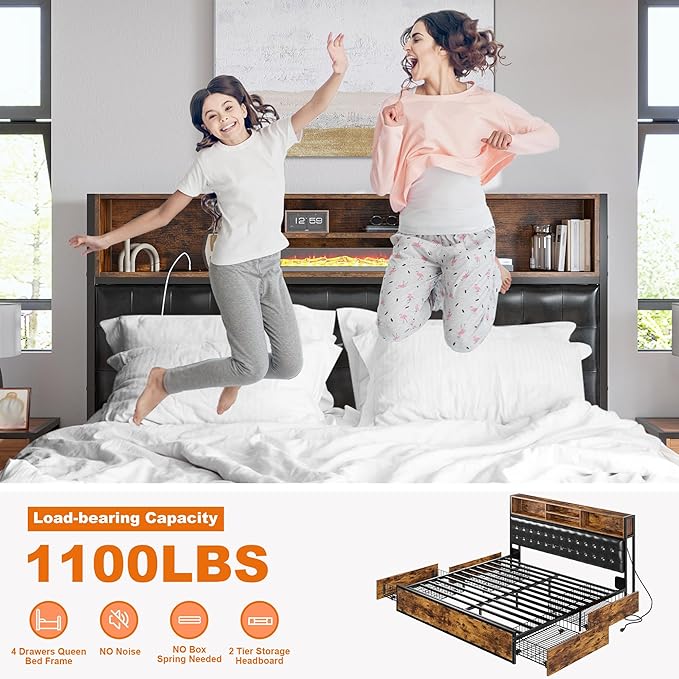 EnHomee King Size Bed Frame with 4 Storage Drawers, King Bed Frame and Headboard Built in Charging Station,No Noise,No Box Spring Needed,Vintage Brown