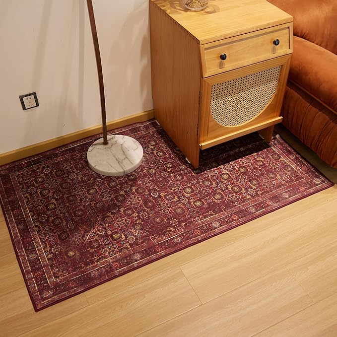 3x5 Soft Washable Area Rugs for Living Room and Bedroom, Non-Slip Stain Resistant Indoor Carpet, Cozy Floor Mat for Dining Room, Office, Stain Resistant Entryway Persian red Floral