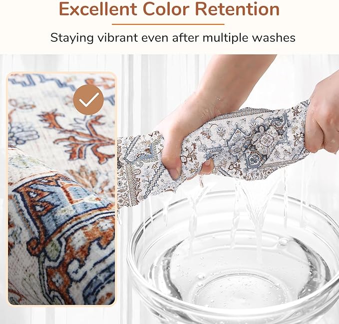 OPPODREAM Thin Round Rug 5ft, Neutral Washable Circle Rug 5ft with Non Slip Backing Play Room, Low-Pile Carpet 5 ft, Faux Cashmere Throw Carpet, Cream White & Blue & Light Brown