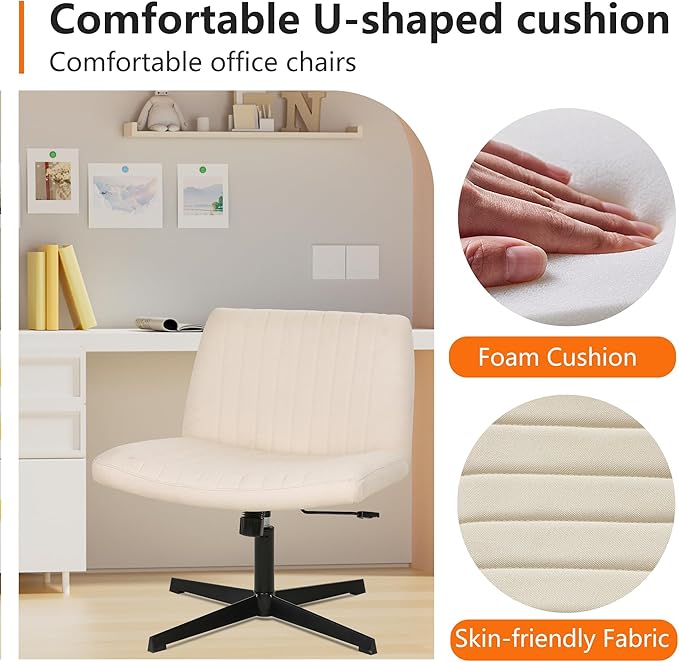 FDW Criss Cross Chair Armless Cross Legged Office Desk Chair Adjustable Swivel Ergonomic Desk Chair No Wheels U Shaped Backrest with Wide Seat Native Sponge Computer Task Vanity Chair for Home Office