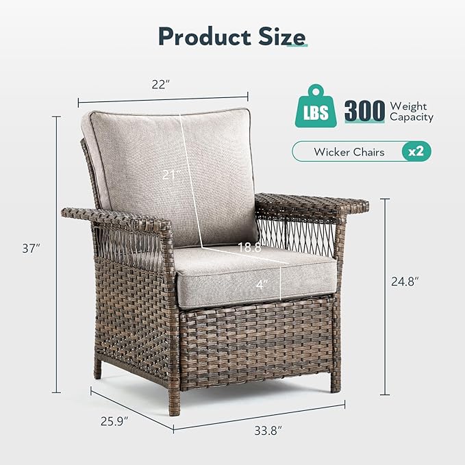 Wicker Outdoor Chairs Set of 2 - Hollow Widen Armrests Patio Furniture Set with Comfortable Thickened Cushion, High Back Outdoor Rattan Chairs for Balcony Porch Deck and Yard - Brown/Beige