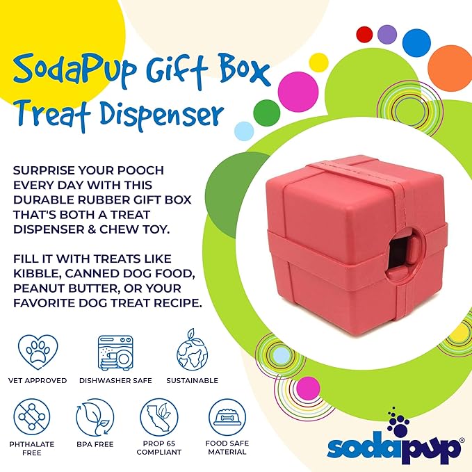 SodaPup Gift Box – Durable Dog Treat Dispenser & Chew Toy Made in USA from Non-Toxic, Pet Safe, Food Safe Natural Rubber Material for Mental Stimulation, Problem Chewing, Calming Nerves, & More
