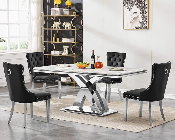 Modern White Marble Dining Table Set for 4,5-Piece Kitchen Table and Chairs for 4,Luxury Silver Dining Room Table Set w/68" Rectangle Dinner Table & 4 Black Velvet Chairs for Kitchen Dining Room