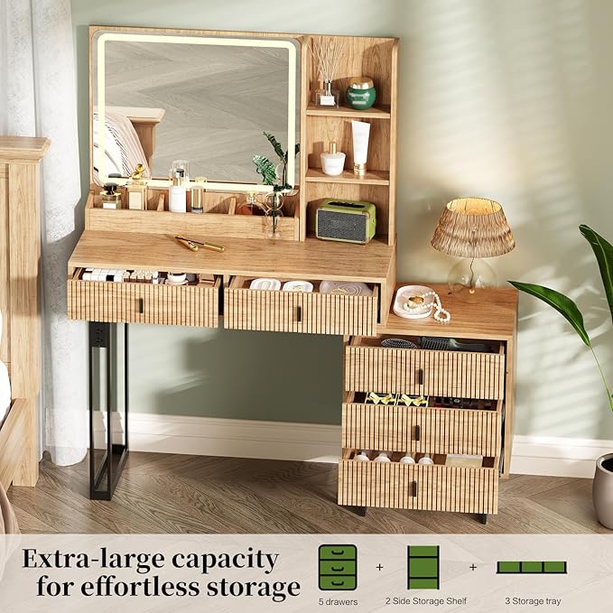 Large Vanity Desk with 3 Color Touch Screen Dimming Mirror, Vanity Desk with Charging Station, Modern Retractable Makeup Dressing Table, Makeup Table With storage shelves and 5 Sliding Drawers, Oak