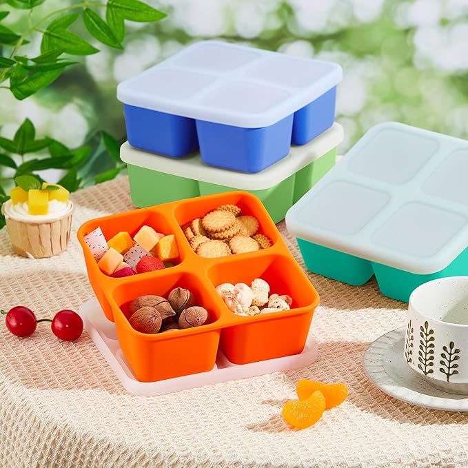 Roshtia 4 Pack Silicone Food Containers with Lids, Reusable Packs Bento Lunch Box for Meal Prep Food Storage, Microwave Dishwasher Safe (4 Compartment,Light)
