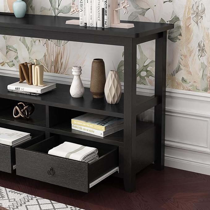 Karl home Console Table with 3 Bottom Drawers, 57.9" W Sofa Side Table Entryway Desk with 3 Storage Cubbies 1 Open Shelf, Vintage TV Stand for Hallway Living Room Office, Black 29.9" H