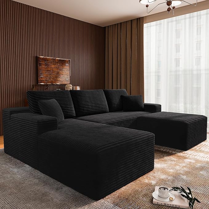 3-Piece Boneless Modular Sectional Sofa, Cloud Couch, Left Facing Chaise with Ottoman, Oversized Deep Seat, Soft Corduroy Fabric, Sectional Couch for Living Room-Black