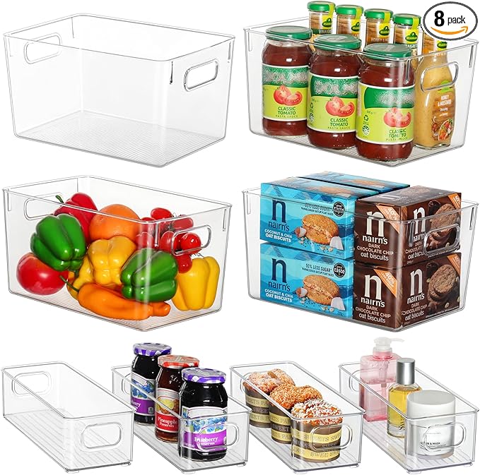 Clear Storage Bins 8 Pack for Fridge,4 Large Plastic Pantry Organizer Bins and 4 Small Stackable Storage Containers for Home Edit, Kitchen, Freezer, Bathroom, Under Bed, Vanity Drawers