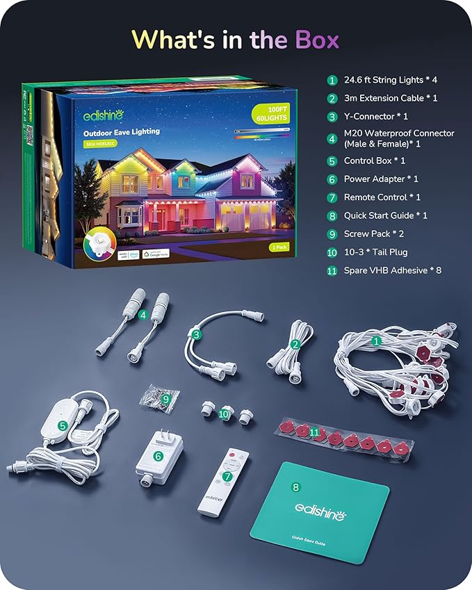 EDISHINE Cuttable Permanent Outdoor Christmas Lights PRO, 100FT 60 LED RGB+IC+Warm White Eave Light, 111+ Scene Mode, Smart APP/Voice & Remote, IP67 for House Year-Round Decor, Work with Alexa, Google