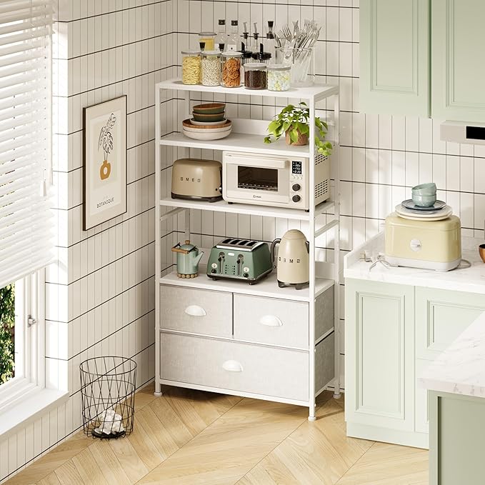 6 Tier Bookshelf, Bookcase with 3 Storage Drawers, Wood and Metal Book Shelf Storage Organizer, Industrial Display Standing Shelf Unit for Bedroom, Living Room, Rustic Brown, White