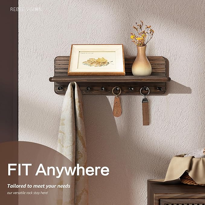 Rebee Vision Retro Key Holder Wall Mount for Room Decor – Farmhouse Key Hanger with 8 Durable Hooks & Floating Shelf for Coat Rack – Mail Organizer for Entryway, Wall Decor, or Office Decor (Brown)