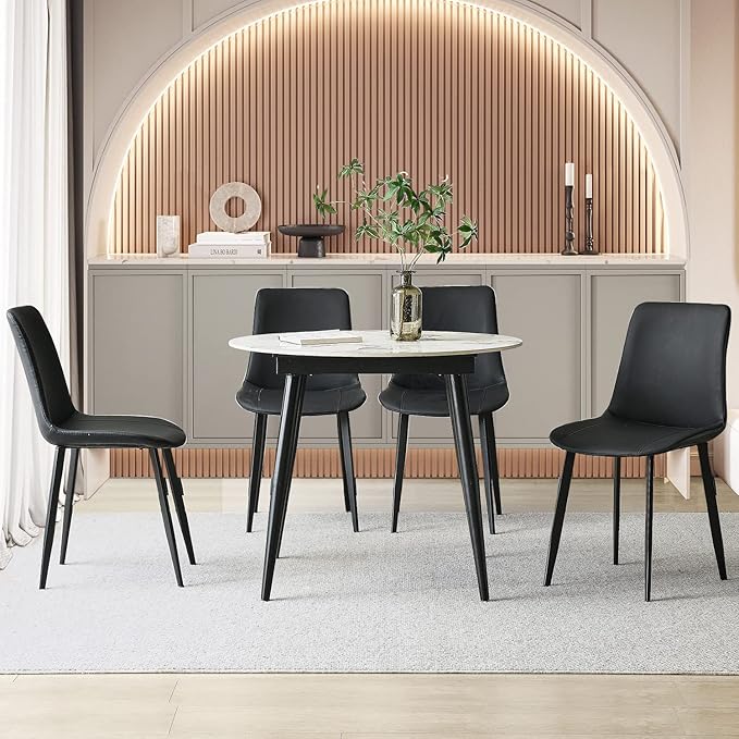 Black Dining Chairs Set of 4, Faux Leather Mid Century Modern Chairs with Metal Chair Legs, Kitchen Chairs for Dining Room, Restaurant, Living Room