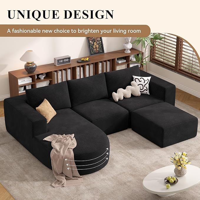 Boneless Couches for Living Room 104",Modular Sectional Sofa with Ottoman,Cloud Couch in a Box,Sponge Compression U Shaped Sofas with Chaise No Assembly Required(Black-Corduroy Fabric) 1pcs