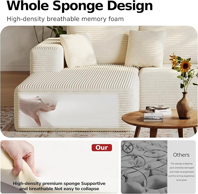 108'' Modular Sectional L-Shaped with Chair,Deep Seat Boneless Corner Couch for Living Room,Plush Corduroy Couch with Detachable Sofa Set,No Assembly (Left Facing Chaise,Beige)