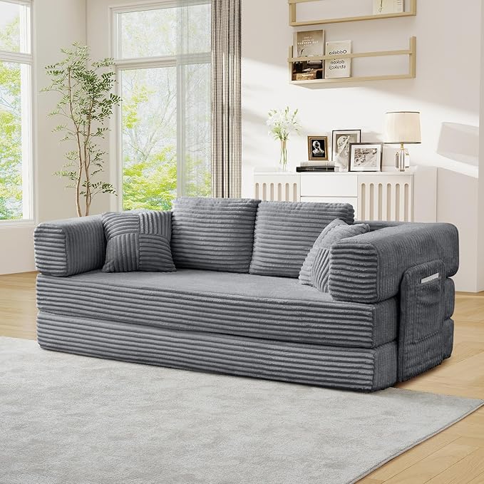 Antetek Convertible Sofa Bed, Comfy Corduroy Fluffy Love seat Sleeper Sofa, 5 in 1 Folding Couch Bed, Fold Out Floor Couch with Pillows for Bedroom, Living Room, Office, Wide Stripes, Grey