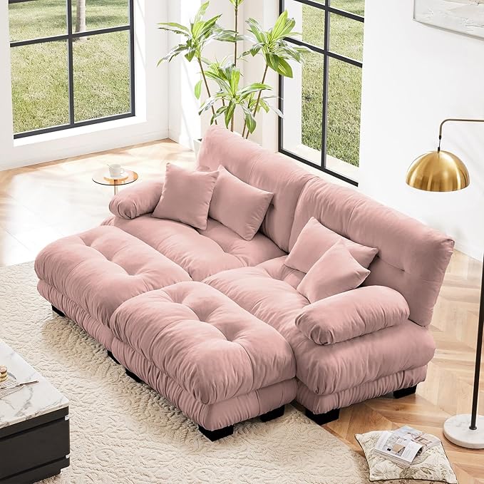 94.4" Loveseat Sofa, 2 Seater Modular Sectional Sofa, Pink Large U Shaped Sectional Couches, Fluffy Chenille Cloud Couch with Ottoman, Deep Seat for Living Room