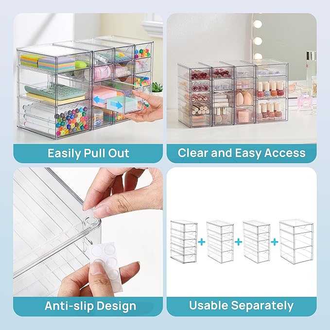 Vtopmart 4 Set Clear Desk Organizer, Pen Organizer with 16 Drawers, Acrylic Desktop Organization and Storage for Office Supplies, Pen, Makeup, Art Craft, Jewelry