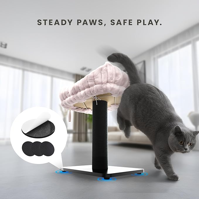 Modern Scratching Post for Indoor Cats - 15” High Cat Scratching Post with Bed Breeds - 15.7” x 11.6” Removable & Washable Cushion (Black Post with Pink Bed)