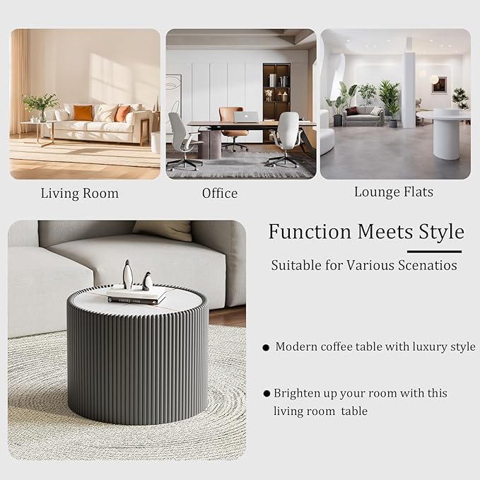 Round Coffee Table Set with Sintered Stone Tabletop, 29.52" Black Drum Center Table and 17.71" Grey Coffee Table Set, 2 Pieces Living Room Table Set with Fluted PU Leather Cover& Stable Base
