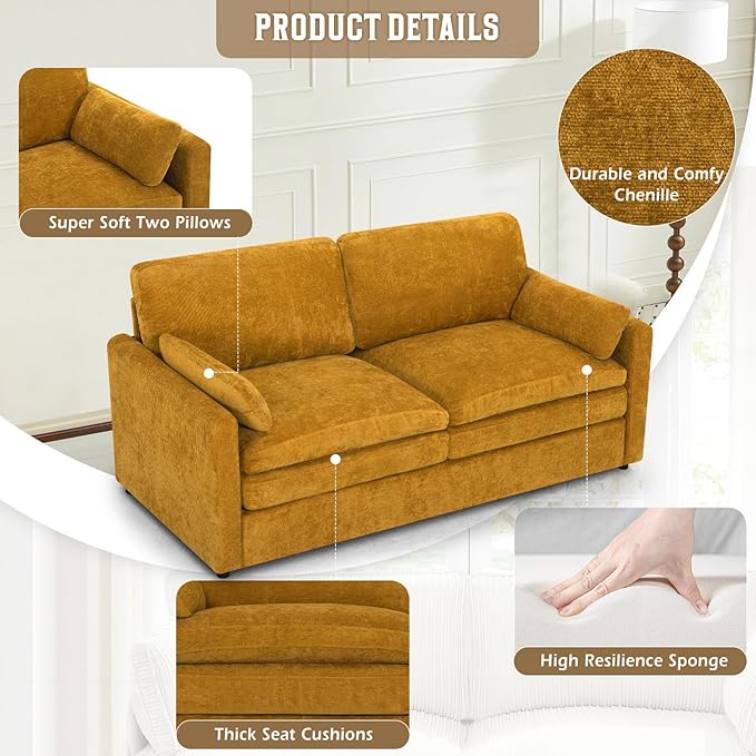 69" Chenille 2 Seats Sofa with 2 Pillows, Modern Upholstered Sofa with Deeper Seats, Comfy Sofa with Thickened Cushions for Living Room, Apartment, Yellow