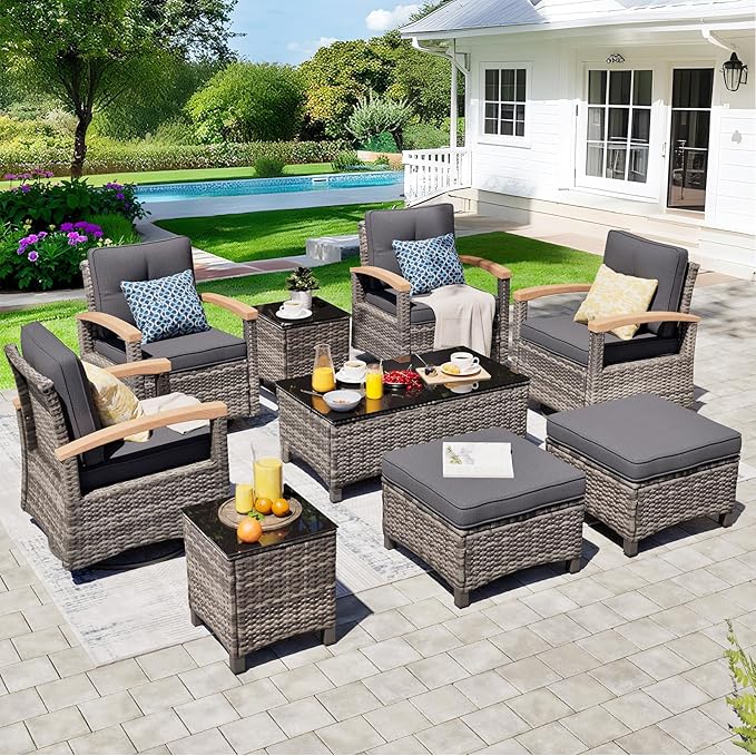 MEISSALIVVE 9 Pieces Outdoor Patio Furniture Sets,PE Wicker Patio Conversation Sets with 4 Wood Armrests Swivel Rocker Chairs，2 Ottoman and Coffee Table(Grey)