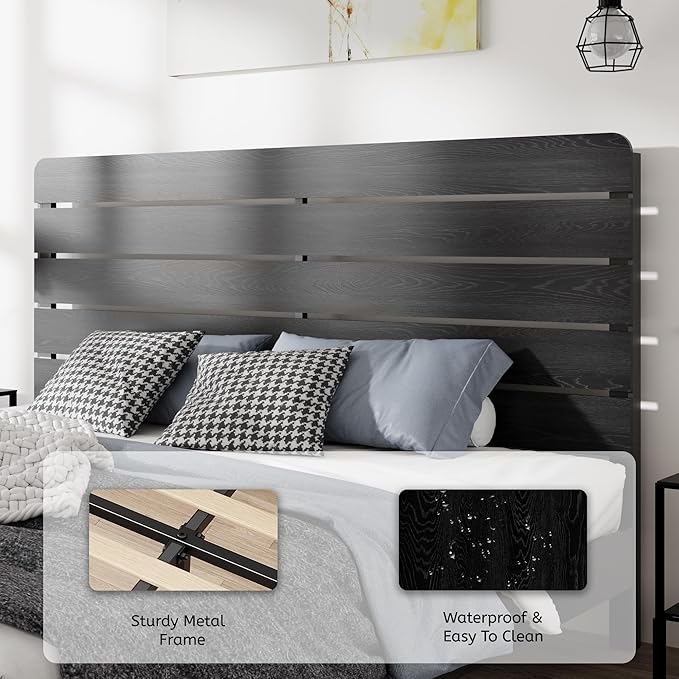King Size Bed Frame with Wooden Headboard and Footboard, Rustic Platform Bedframe, Wood Slats Support, No Box Spring Needed, Under Bed Storage, Easy Assembly, Black