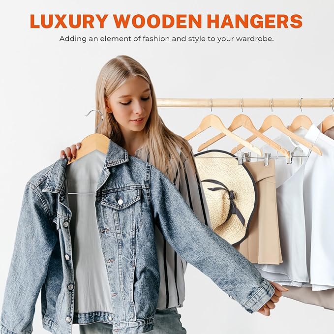 HOUSE DAY 12 Pack High-Grade Wooden Suit Hangers Skirt Hangers with Clips Solid Wood Pants Hanger Natural Smooth Finish Premium Wood Hanger with Durable Metal Clips for Blouse, Dress, Coat, Jacket