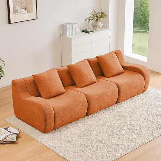 Orange 3-Seater Cloud Couch, Modern Teddy Fabric Boneless Sectional Sofa in a Box for Living Room, Modular Floor Couch, Deep Seat, No Assembly Required, Sofas para Sala