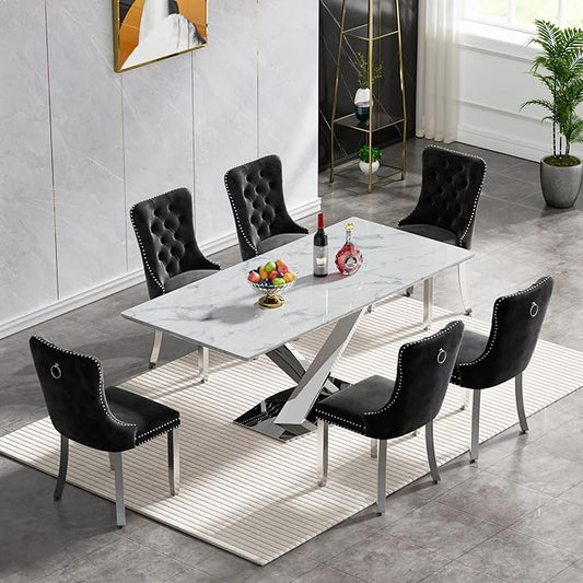 Goujxcy 70" Faux Marble Dining Table Set for 6, 7-Piece Dining Set with White Silver Kitchen Table and 6 Velvet Tufted Chairs, Modern Rectangular Dining Room Table with X-Shape Stainless Steel Base
