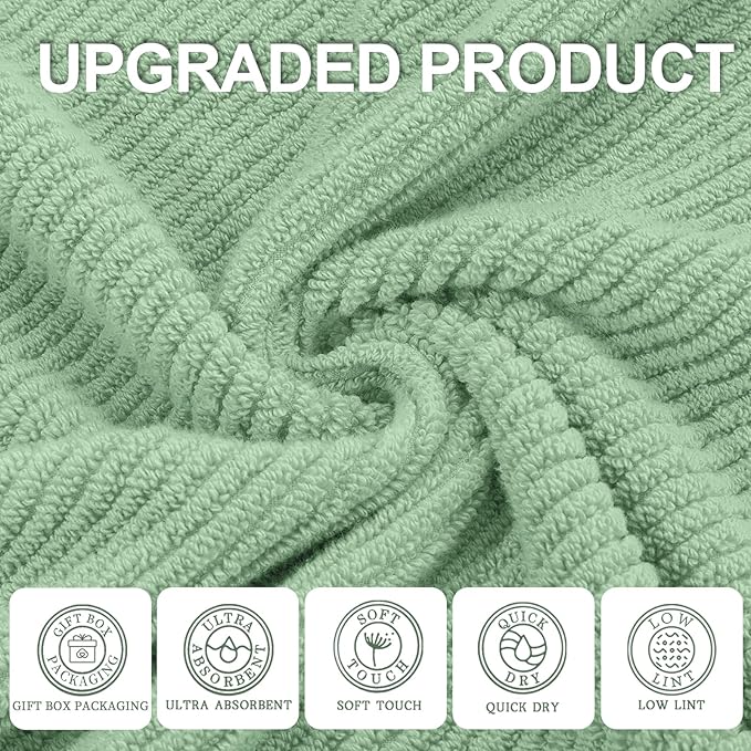 VOOVA & MOVAS Green Towels for Bathroom - 100% Cotton | Quick Dry | Lightweight | Thick | Soft, 6 Piece Towel Set, 2 Large Bath 30"x56", 2 Hand 18"x28", 2 Wash Cloths 13"x13", Towel Gift Set, Sage