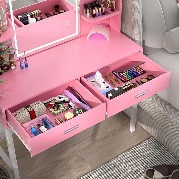 Armocity Vanity Desk with Mirror and Lights, Makeup Vanity with 2 Storage Drawers, Makeup Desk with 3 Color Lighting Options, Modern Dressing Table with Storage Shelf for Bedroom, Pink