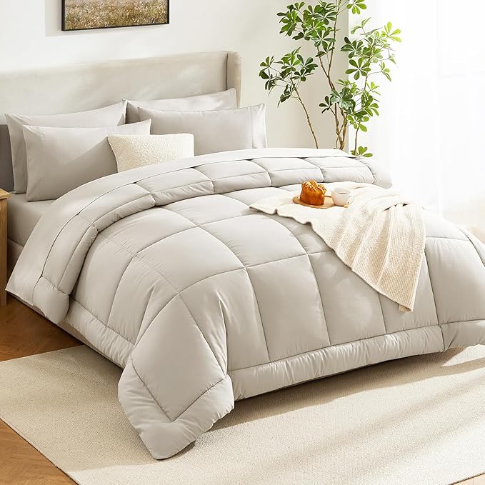 CozyLux Oversized King Comforter Sets Beige, 7 Pieces Bed in a Bag, Ultra-Soft All Season Bedding Sets with Stitch Quilted Comforter, Flat Sheet, Fitted Sheet, Pillowcases, Beige