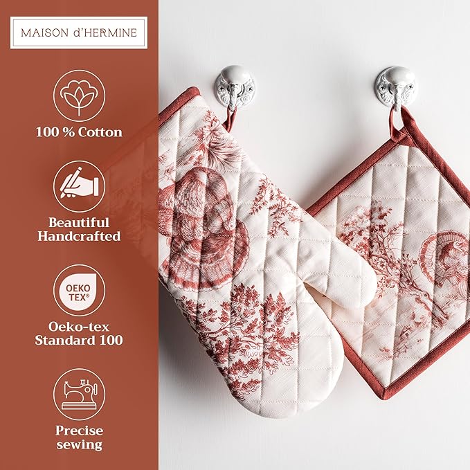 Maison d' Hermine 100% Cotton Oven Mitt & Pot Holder Set (7.5"x13" & 8"x8") Heat Resistant BBQ Cooking Gloves with Loop for Thanksgiving Christmas Decorations Handling Hot Pans (Holy Jouy - Brown)