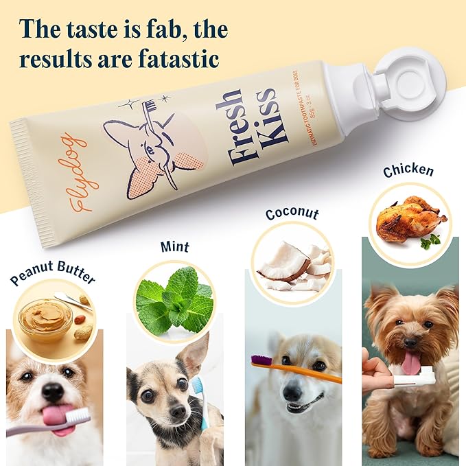 FlyDog Fresh Kiss Dog Tooth Brushing Kit - Vet Approved Formula, Enzymatic Dog Toothpaste and Brush - Breath Freshener & Tartar Remover, 360° Toothbrush & Finger Brush, Dental Guide, Chicken Flavor