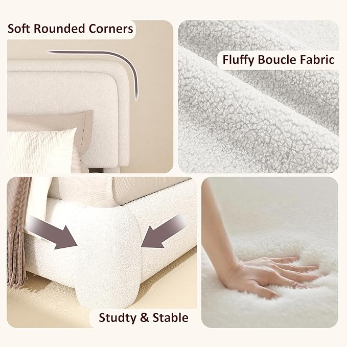 Queen Boucle Platform Bed Frame with Height Adjustable Headboard, Modern Upholstered Cloud Bed, Sleek Curved Design, No Box Spring Needed, Easy Assembly, Noise Free, White