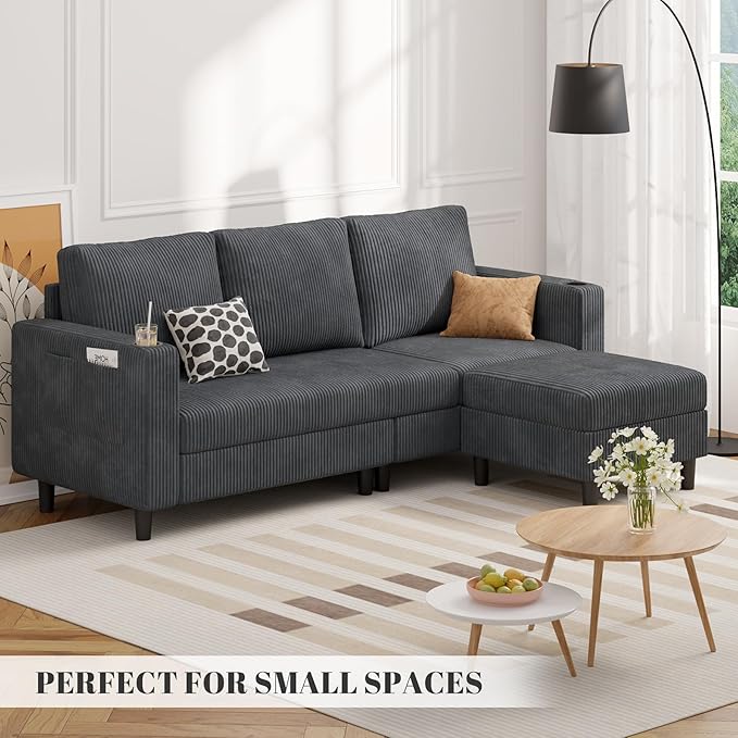 Upholstered Sectional Sofa and Couches, 78'' L Shaped 3-seat Sofa for Living Room, Apartment, Lounge,Bedroom-Washable Covers Convertible Sofas(Corduroy, Dark Gary)