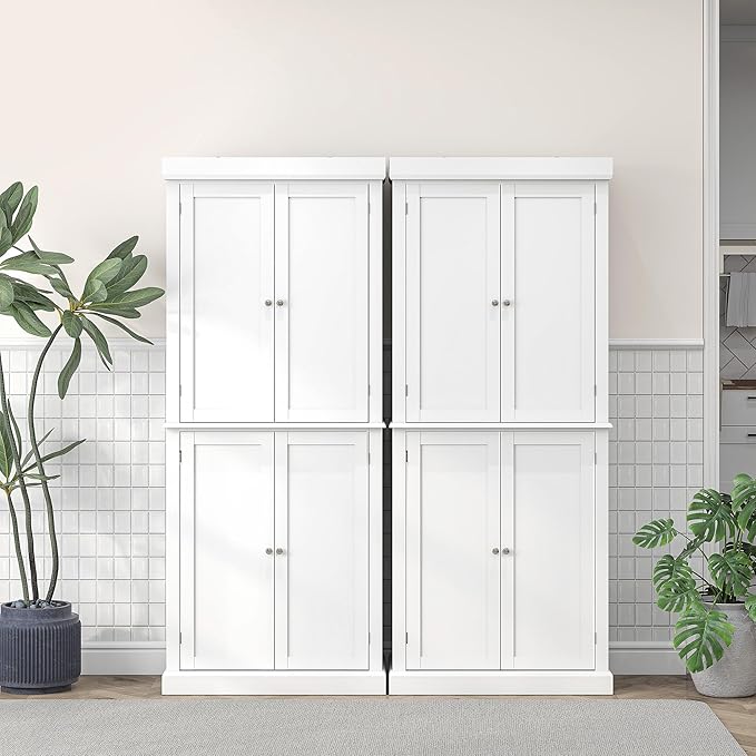 HOMCOM 72.5" Freestanding Kitchen Pantry Cabinet, Tall Storage Cabinet with 4 Doors and 2 Adjustable Shelves for Dining Room, White
