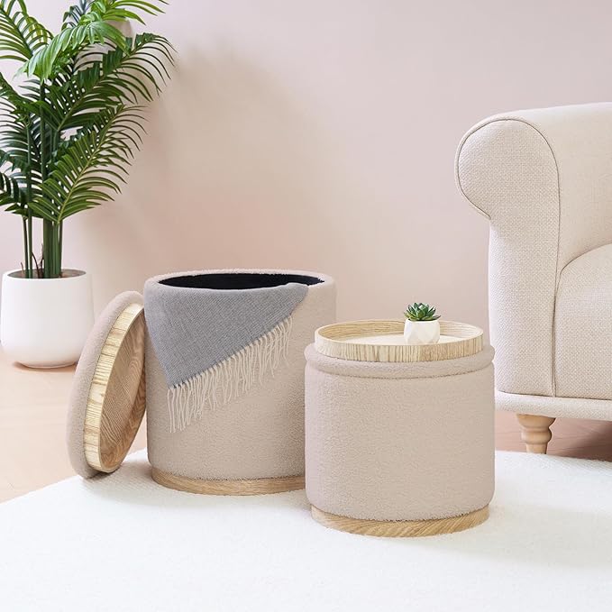 PINPLUS Round Ottoman with Storage Set of 2, Vanity Stool with Storage, Small Ottoman with Tray Teddy Velvet Foot Rest Stool Ottoman for Bedroom, Living Room, Dorm (Beige)