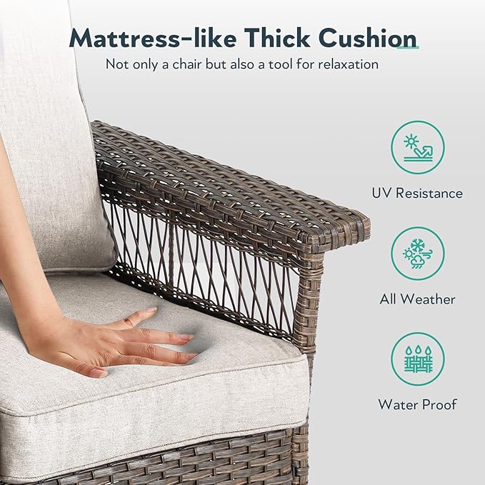 Wicker Outdoor Chairs Set - 3 Pieces Hollow Widen Armrests Patio Furniture Set with Side Table, Comfortable High Back Rattan Chairs for Balcony Porch Deck and Yard - Brown/Beige