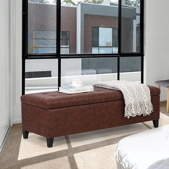 Joveco 51 Inch Storage Ottoman Bench,Tufted Leather Storage Bench for Bedroom (51”,Chocolate Brown)