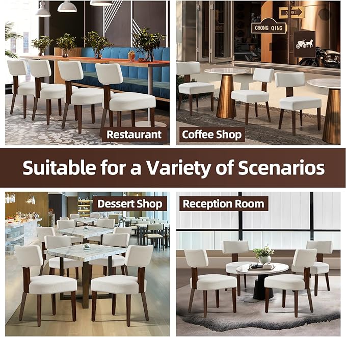 Dining Chairs Set of 4, Fabric Upholstered Wood Kitchen Chairs, Armless Linen Curved Backrest Accent Chair Farmhouse Modern Dining Chairs with Foot Pad for Kitchen/Living Room/Restaurant/Cafe-Beige