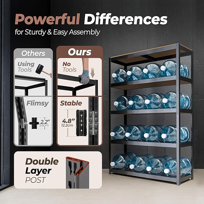 HOMEDANT House 48.1" W 5 Tier Heavy Duty Garage Shelving Adjustable Metal Rack Storage Shelves Standing Shelf Unit Organizers Industrial Warehouse Basement Black 1Pack