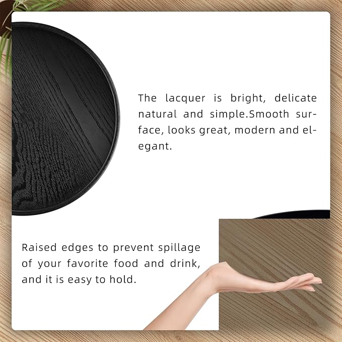 Round Solid Wood Serving Tray 30CM Black,Decorative Wooden Serving Plate for Tea Coffee Snack Food Meals,Ottoman Breakfast Tray with Raised Edge,for Home,Kitchen,Bathroom,Party,Restaurant Decor(11.8")