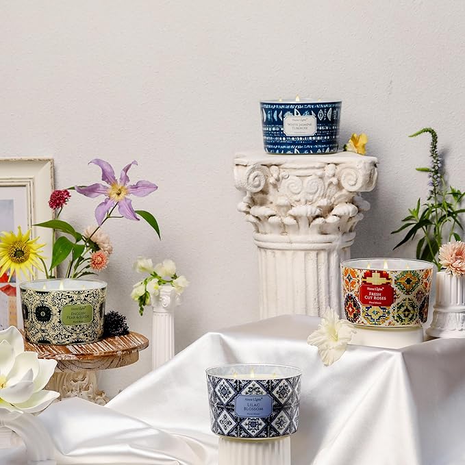 HomeLights 4-Wick Candles for Home Scented - 18oz Soy Wax Blend Candle Long-Lasting Fragrance, Bohemian Natural Textures Home Decor and Housewarming Gifts, Lilac Blossom