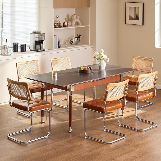 Brown Faux Leather Rattan Dining Chairs Set of 4, Wooden Mid Century Modern Dining Room Chairs, Mesh Back Cane Kitchen Chair, Cesca Design Chairs with Metal Chrome Legs