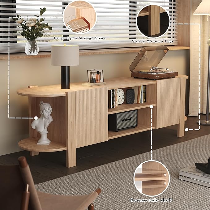 65 Inch TV Stand for Up to 75 inch TVs, Fluted Entertainment Center with Adjustable Shelve, Curved Round Corner TV Console Table with Storage Cabinet for Living Room, Bed Room (Natrual Wood)