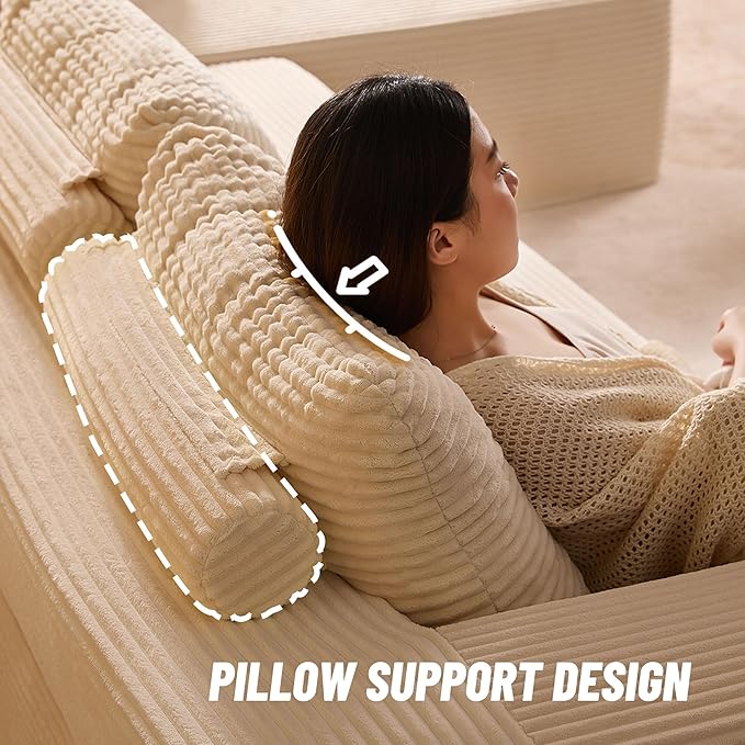 107" Boneless Couch with Deep Seat, Modular Sectional Sofa, Cloud Sectional Couch for Living Room, No Assembly Required, Corduroy, L-Shape Right?White