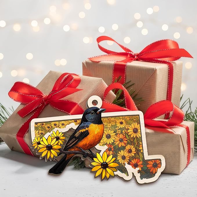 FLAGWIX Maryland Christmas Ornament 2025 - Suncatcher Christmas Ornaments for Tree Decorations - Maryland Gifts for Women Men, Baltimore Oriole and Black-Eyed Susan State Ornaments, Housewarming Gifts