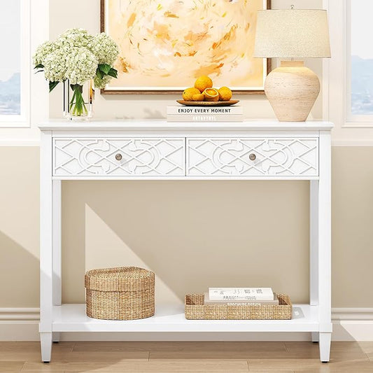 40" Console Table with Drawers, Vintage Entryway Table with Shelf, Charming Carved Motifs, Solid Pine Wood Legs, Accent Sofa Table for Living Room, Painted, Drawers Pre-Assembled, Distressed White